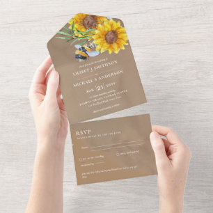 Wedding Invites with RSVP Rustic Sunflowers Bees