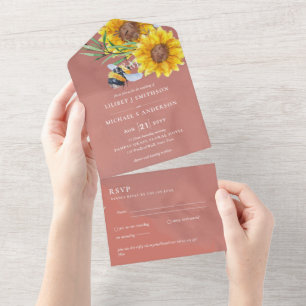 Wedding Invites with RSVP Rustic Sunflowers Bees