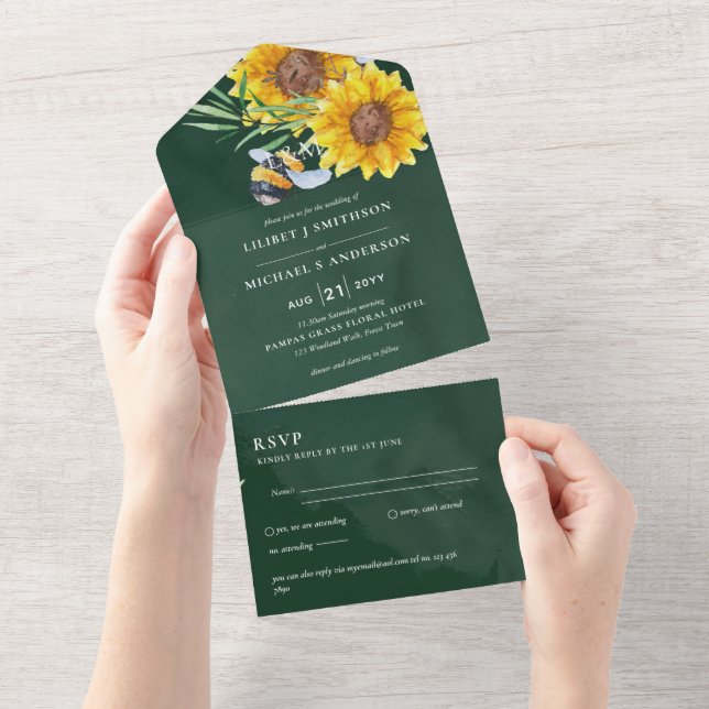 Wedding Invites with RSVP Rustic Sunflowers Bees (Tearaway)