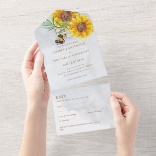 Wedding Invites with RSVP Rustic Sunflowers Bees