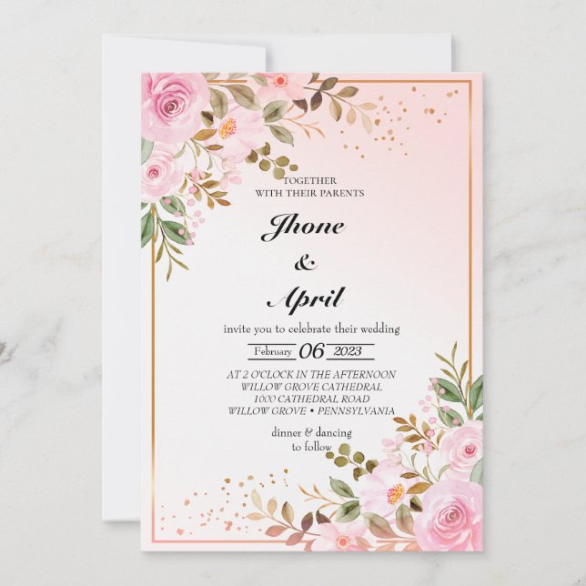 wedding invtation pink golde with flowers invitation (Front)