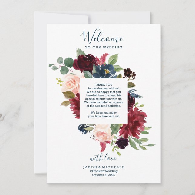 Wedding Itinerary Hotel Welcome Letter - Burgundy Invitation (Front)