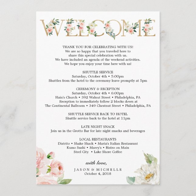 Wedding Itinerary - Wedding Welcome - Bachelorette Programme (Front)