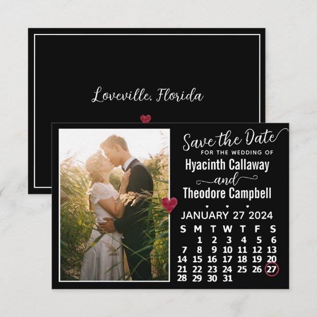 Wedding January 2024 Calendar Custom Photo Black Save The Date (Front/Back)