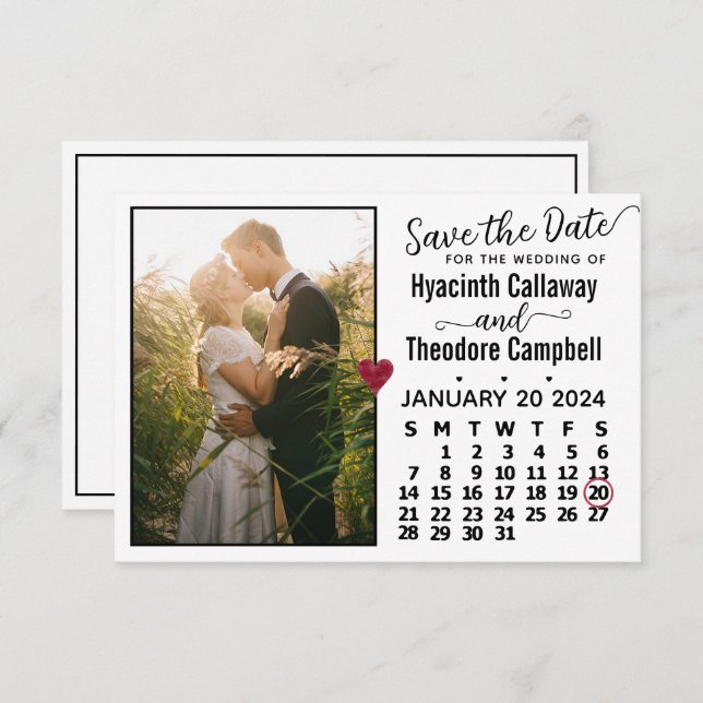 Wedding January 2024 Calendar Custom Photo White Save The Date (Front/Back)