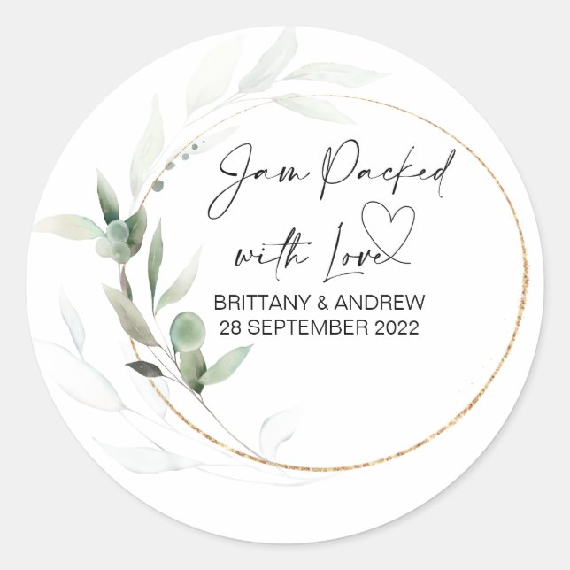 Wedding Jar Favor Jam Packed With Love Eucalyptus Classic Round Sticker (Front)