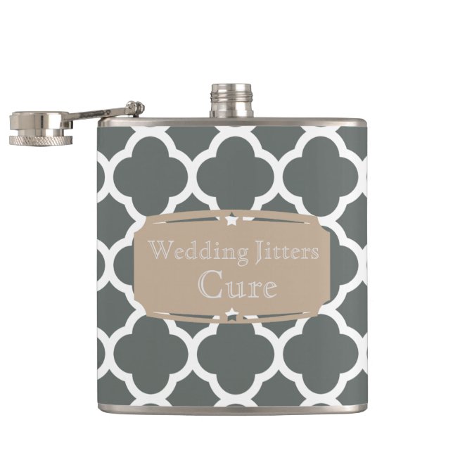 Wedding Jitters Cure Quatrefoil pattern Hip Flask (Opened)