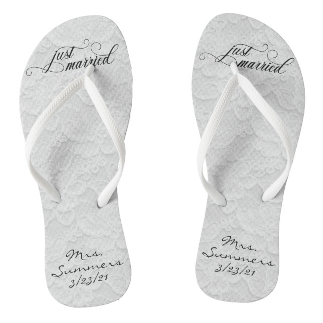 Wedding Just Married White Lace Personalised Bride Flip Flops (Footbed)