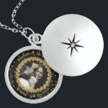 Wedding Keepsake Elegant Black Gold Photo Locket Necklace<br><div class="desc">Elegant black and gold embellished sterling silver locket to personalise with your own photograph and text with ornate gold coloured frame surrounding your photograph set off against a black background with gold coloured flecks. Looks stunning with black and white photographs making a special gift or keepsake to remember a special...</div>