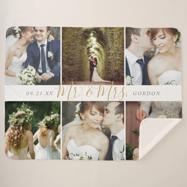 Wedding Keepsake Mr. and Mrs. 6 Photo Collage Sherpa Blanket (Front (Horizontal))