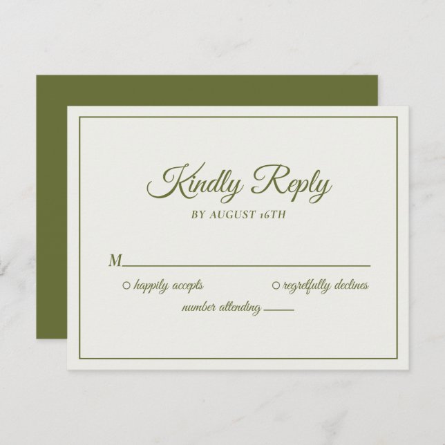 Wedding Kindly Reply Modern Cream & Olive Green RSVP Card (Front/Back)