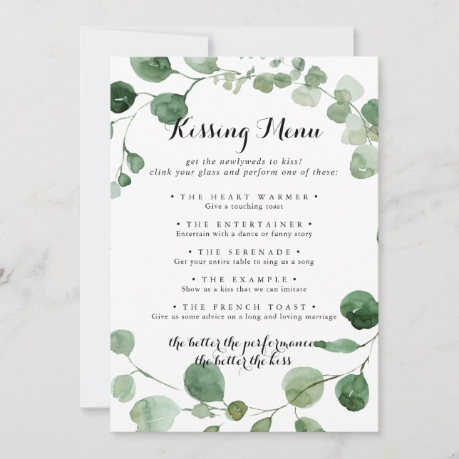 Wedding Kissing Menu Game Eucalyptus Card (Front)