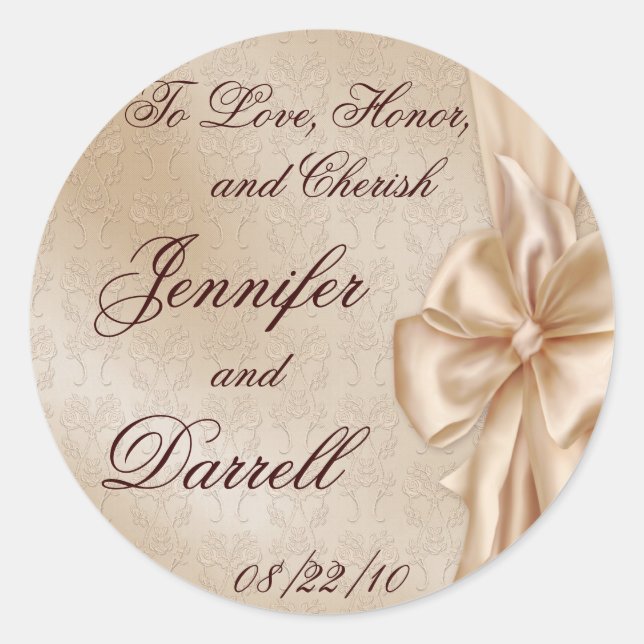 Wedding Lace and Bow Classic Round Sticker (Front)