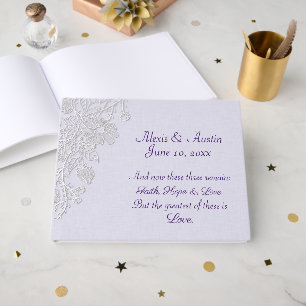 Wedding Lace and Scripture Verse On Lavender Guest Book