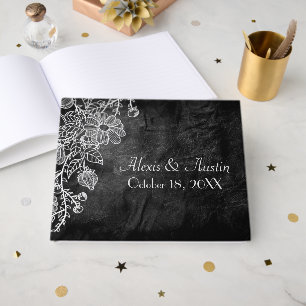 Wedding Lace On Black Leather Guest Book