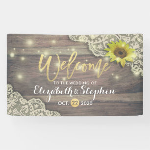 Wedding Lace Sunflower Rustic Wood & String Lights Banner