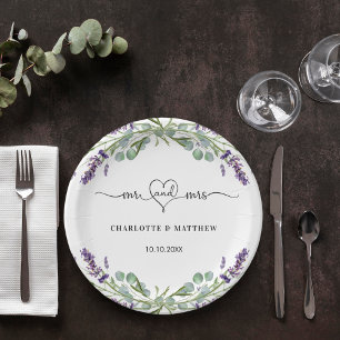 Wedding lavender eucalyptus mr mrs heart names paper plate