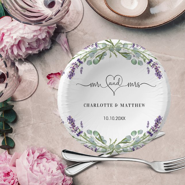 Wedding lavender eucalyptus mr mrs heart names paper plate (Creator Uploaded)