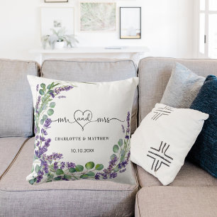 Wedding lavender eucalyptus wreath mr mrs names cushion