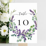 Wedding lavender florals eucalyptus greenery table number<br><div class="desc">A stylish white backgrond decorated with violet,  lavender florals and eucalyptus greenery. Personalise and your table numbers. Black letters.</div>
