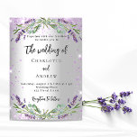 Wedding lavender silver eucalyptus greenery floral invitation<br><div class="desc">A modern,  stylish wedding invitation.  A faux silver looking background with violet faux glitter,  sparkles,  lavender florals,  flowers and eucalyptus greenery.   Personalise and add your names and the details.</div>