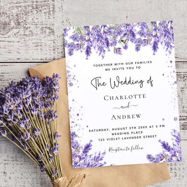 Wedding lavender violet floral glitter invitation postcard (Creator Uploaded)