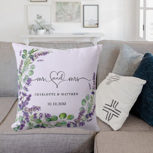 Wedding lavender violet wreath mr mrs names cushion