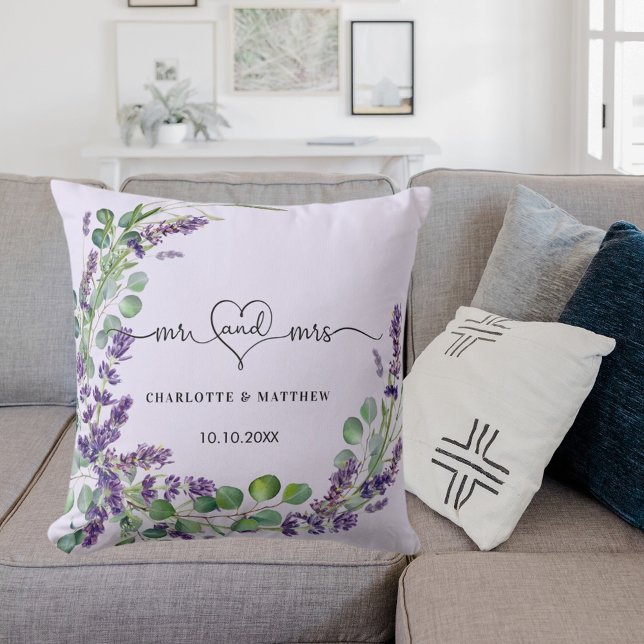 Wedding lavender violet wreath mr mrs names cushion (Creator Uploaded)