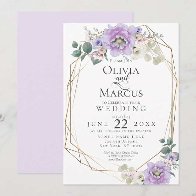Wedding | Lavender Watercolor Floral Geometric Invitation (Front/Back)