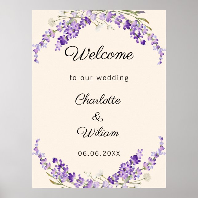 Wedding lavender watercolored cream welcome poster (Front)