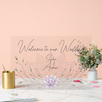Wedding Leaf and Pink Lotus with Mandala Welcome Acrylic Sign