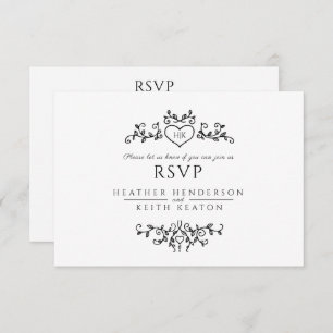 Wedding leaf art monogram black white meal wedding RSVP card