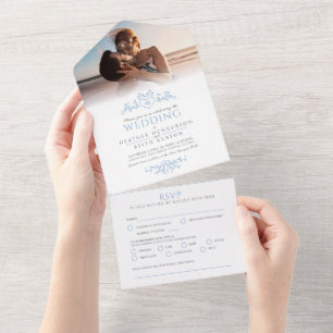 Wedding leaf line art heart monogram blue all in one invitation