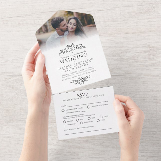 Wedding leaf line art heart monogram mono all in one invitation (Tearaway)