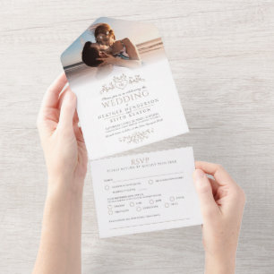 Wedding leaf line art heart monogram tan all in one invitation