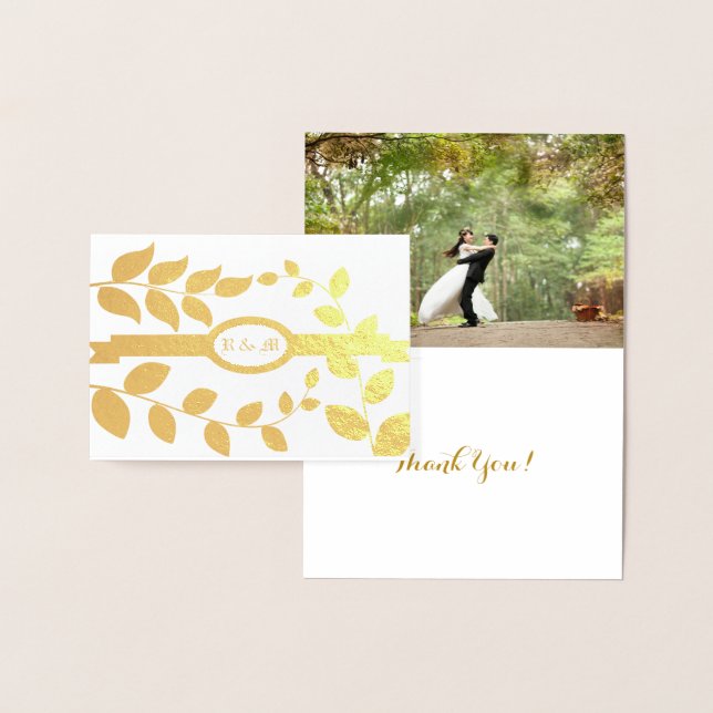 Wedding Leaves in Gold with Initials Custom Text Foil Card (Display)