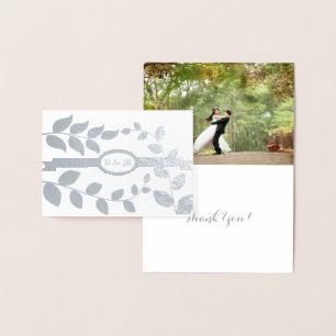 Wedding Leaves in Silver with Initials Custom Text Foil Card