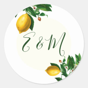 Wedding Lemon Botanical Simple Monogram Summer Classic Round Sticker