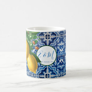 Wedding Lemons Blue White Tile Summer Monogram Coffee Mug