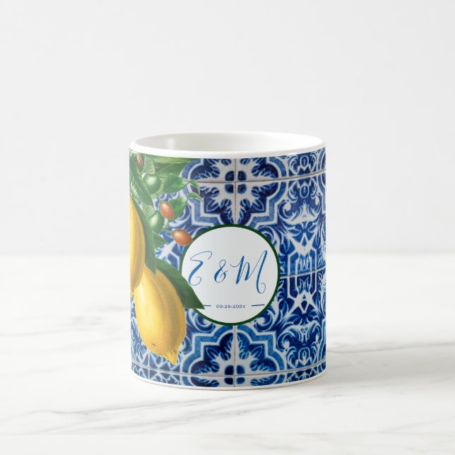 Wedding Lemons Blue White Tile Summer Monogram Coffee Mug (Center)