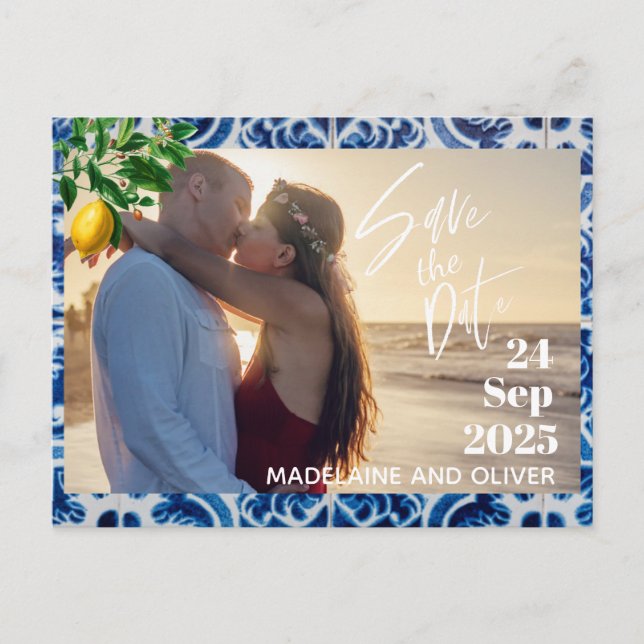 Wedding Lemons Photo Overlay Modern  Save The Date Announcement Postcard (Front)