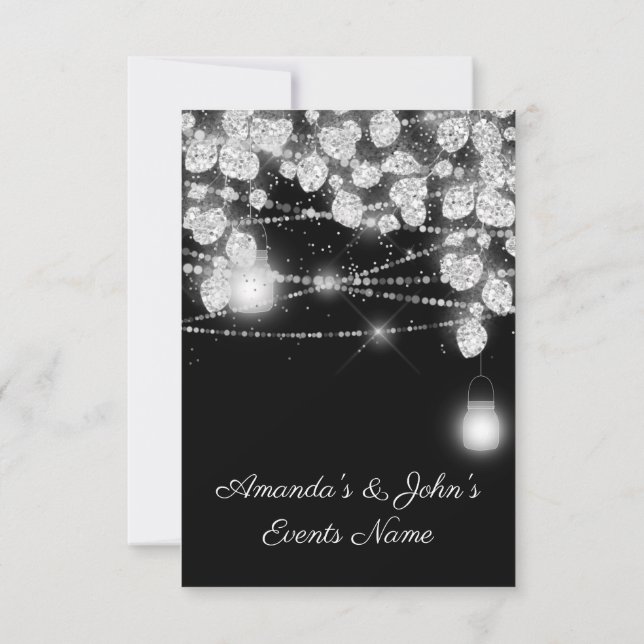 Wedding Lights Jars Glitter Grey Black White Invitation (Back)