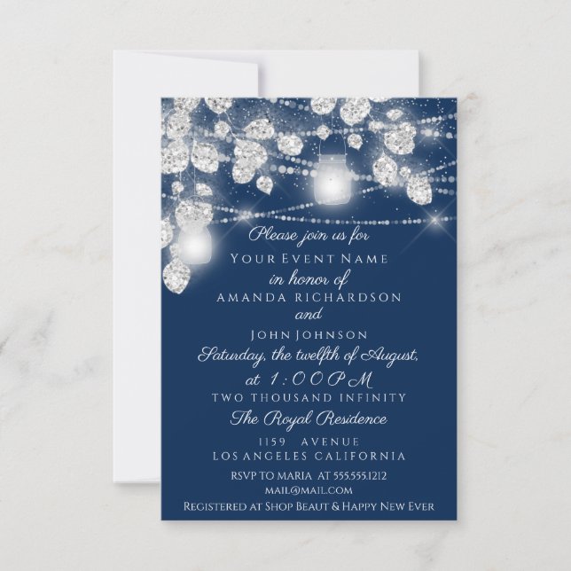 Wedding Lights Jars Glitter Grey Blue Navy Invitation (Front)