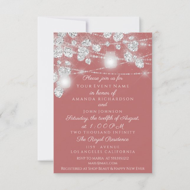 Wedding Lights Jars Glitter Grey Silver Rose Invitation (Front)