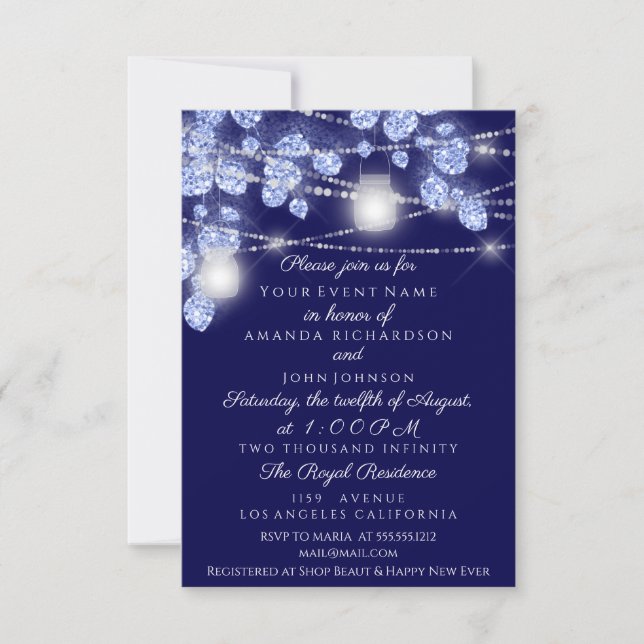 Wedding Lights Jars Rustic Glitter Blue Navy Invitation (Front)