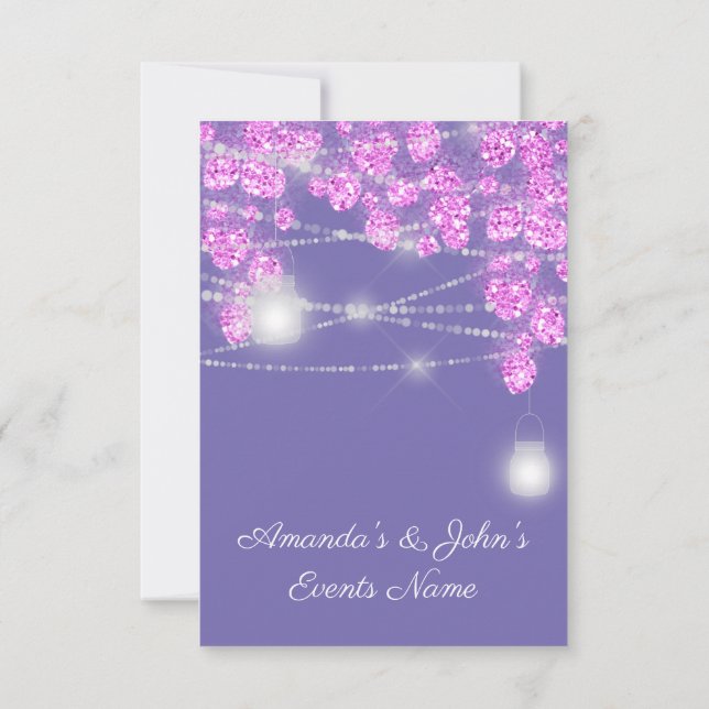 Wedding Lights Jars Rustic Glitter Purple Pink Invitation (Back)
