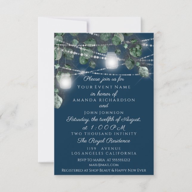 Wedding Lights Jars Rustic Green Mint Navy Invitation (Front)