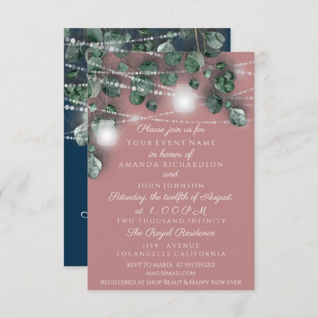Wedding Lights Jars Rustic Green Rose Navy Invitation (Front/Back)