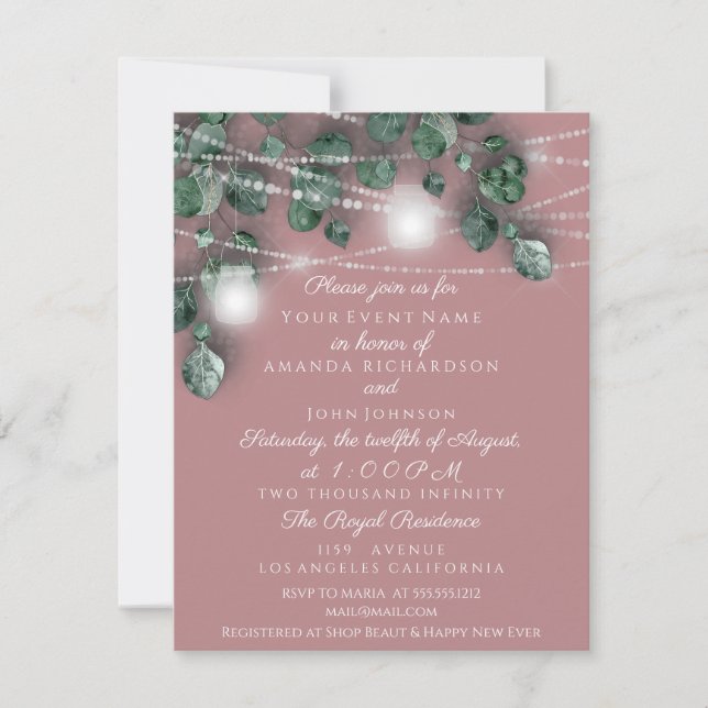 Wedding Lights Jars Rustic Green Smoky Pink Wood Invitation (Front)