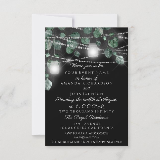 Wedding Lights Jars Rustic Smoky Mint Black Invitation (Front)
